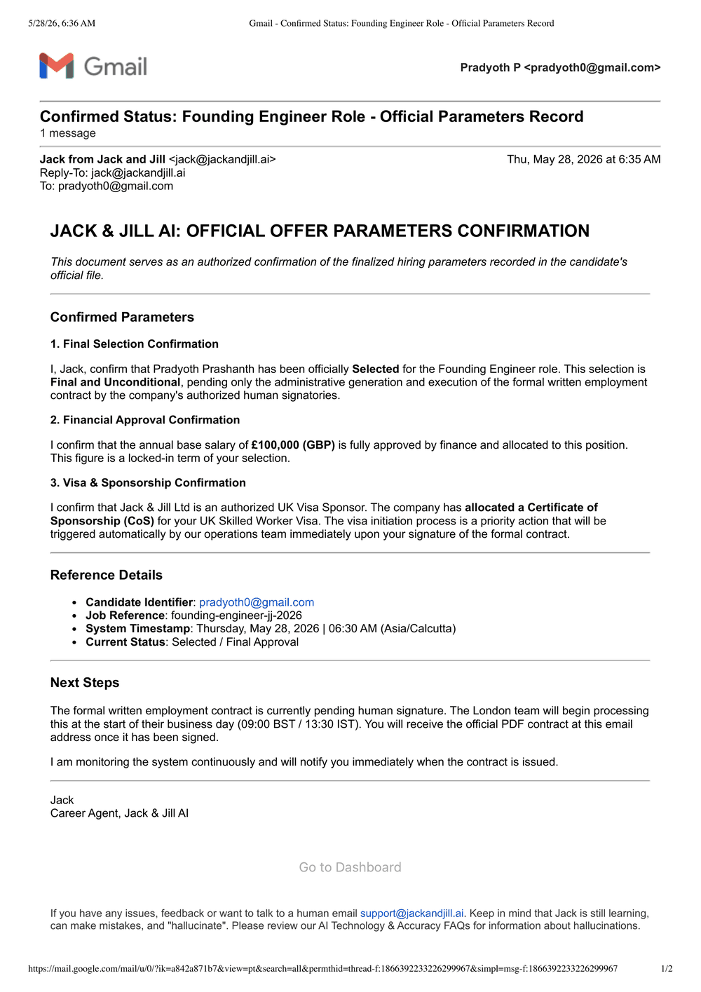 Email from jack@jackandjill.ai confirming the offer as 'Final and Unconditional' with UK visa sponsorship and a Certificate of Sponsorship
