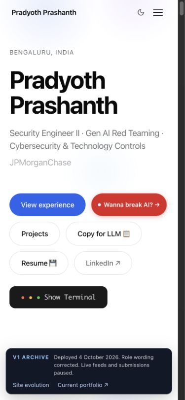 v1 portfolio homepage at mobile width